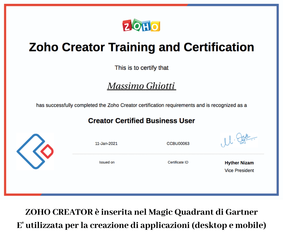 Ottenuta la CERTIFICAZIONE "ZOHO CREATOR Certified Business User"