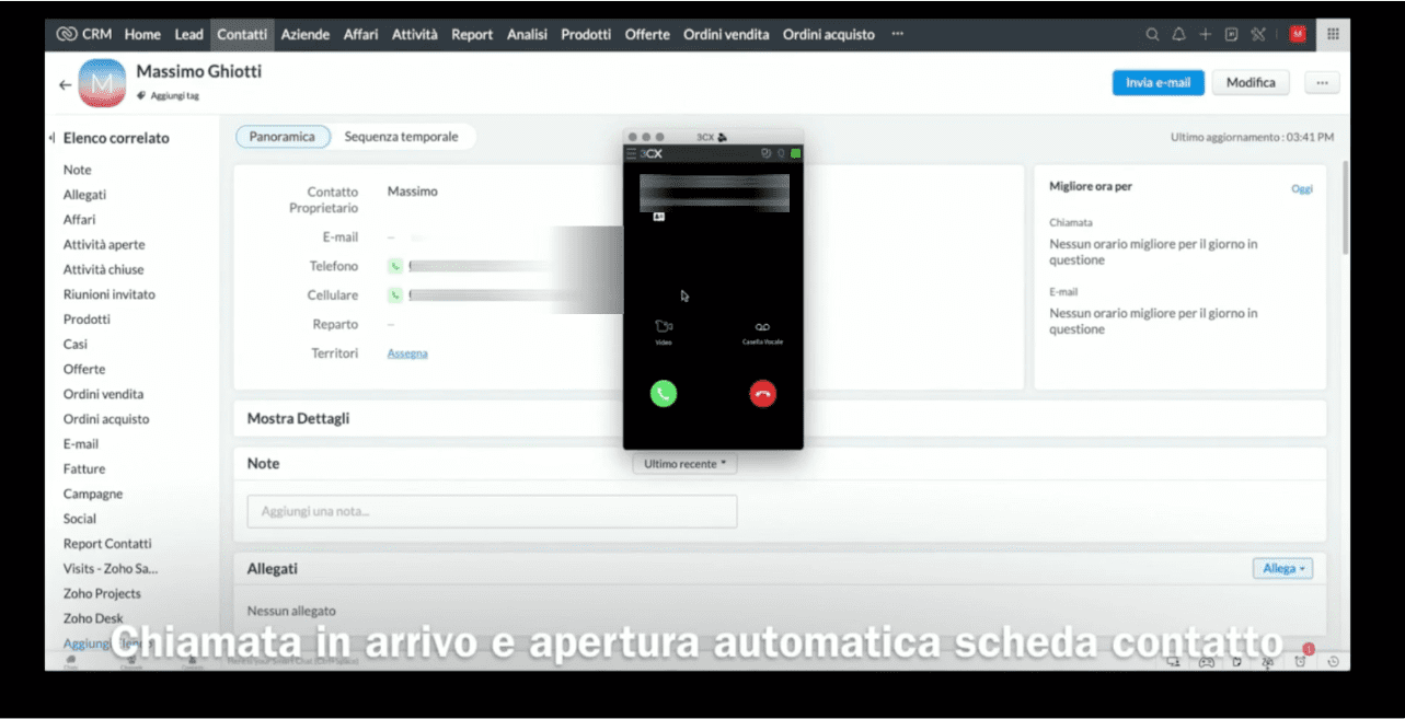 log chiamata in arrivo zoho crm 3cx