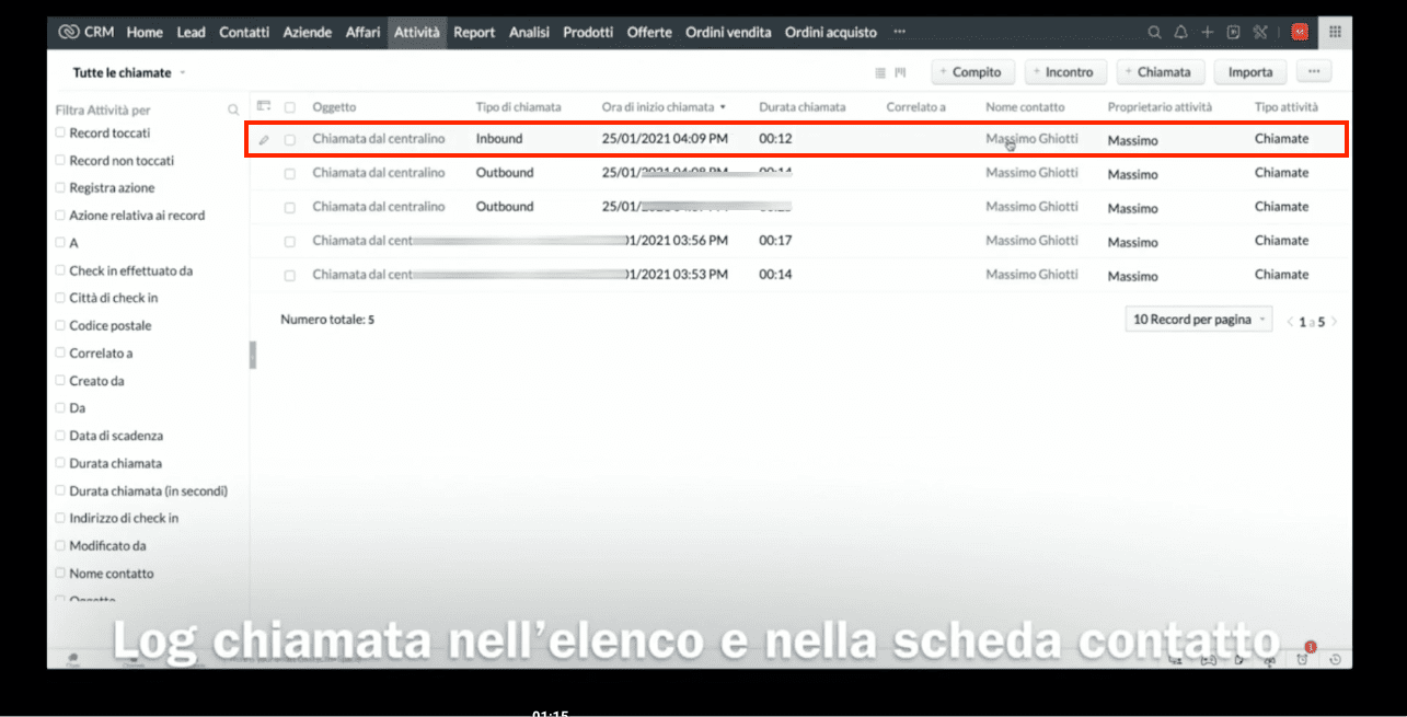 log chiamata in arriva zoho crm