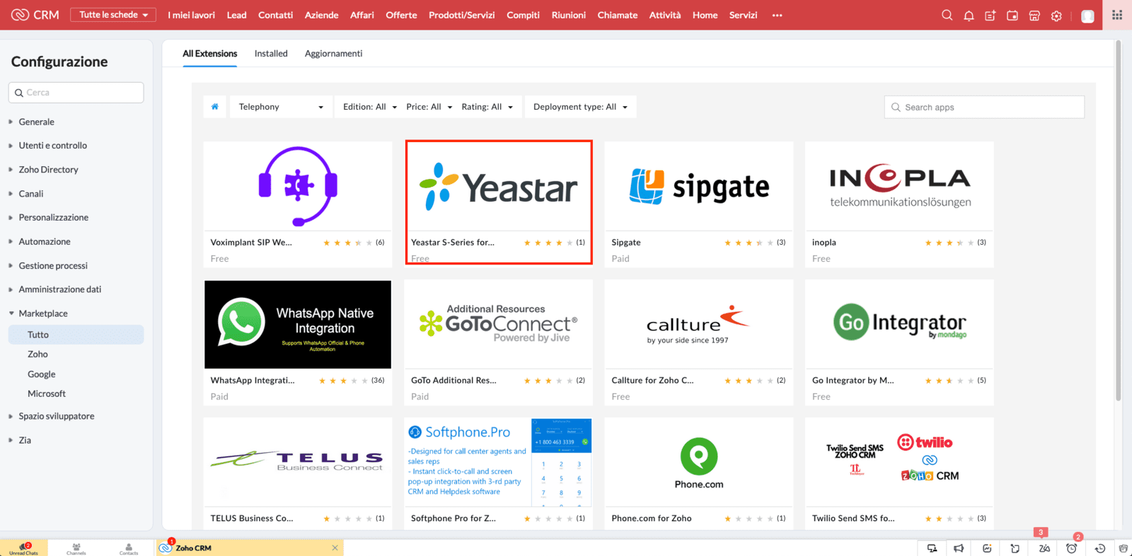 yeastar zoho crm